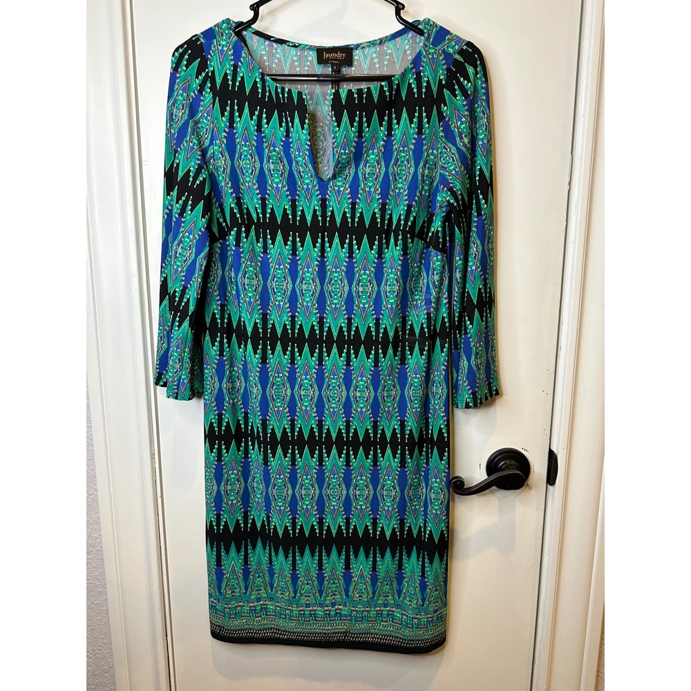 Laundry by Design Womens Size 2 Geometric Ikat Print Sheath Dress Blue Green